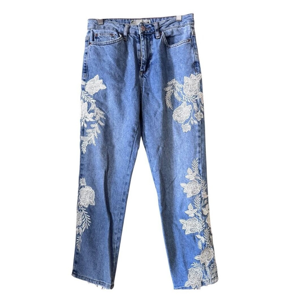Topshop MOTO Floral Embroidered Tassel Hem Straight Leg Jeans Blue W26 L32